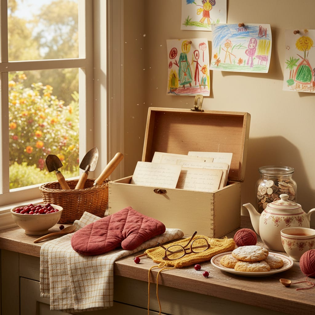 Fran Whitaker's kitchen table with tea, a cookie tin and grandchildren's drawings