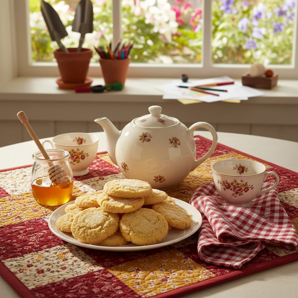 A grandmother's kitchen table set with tea, cookies and a name list